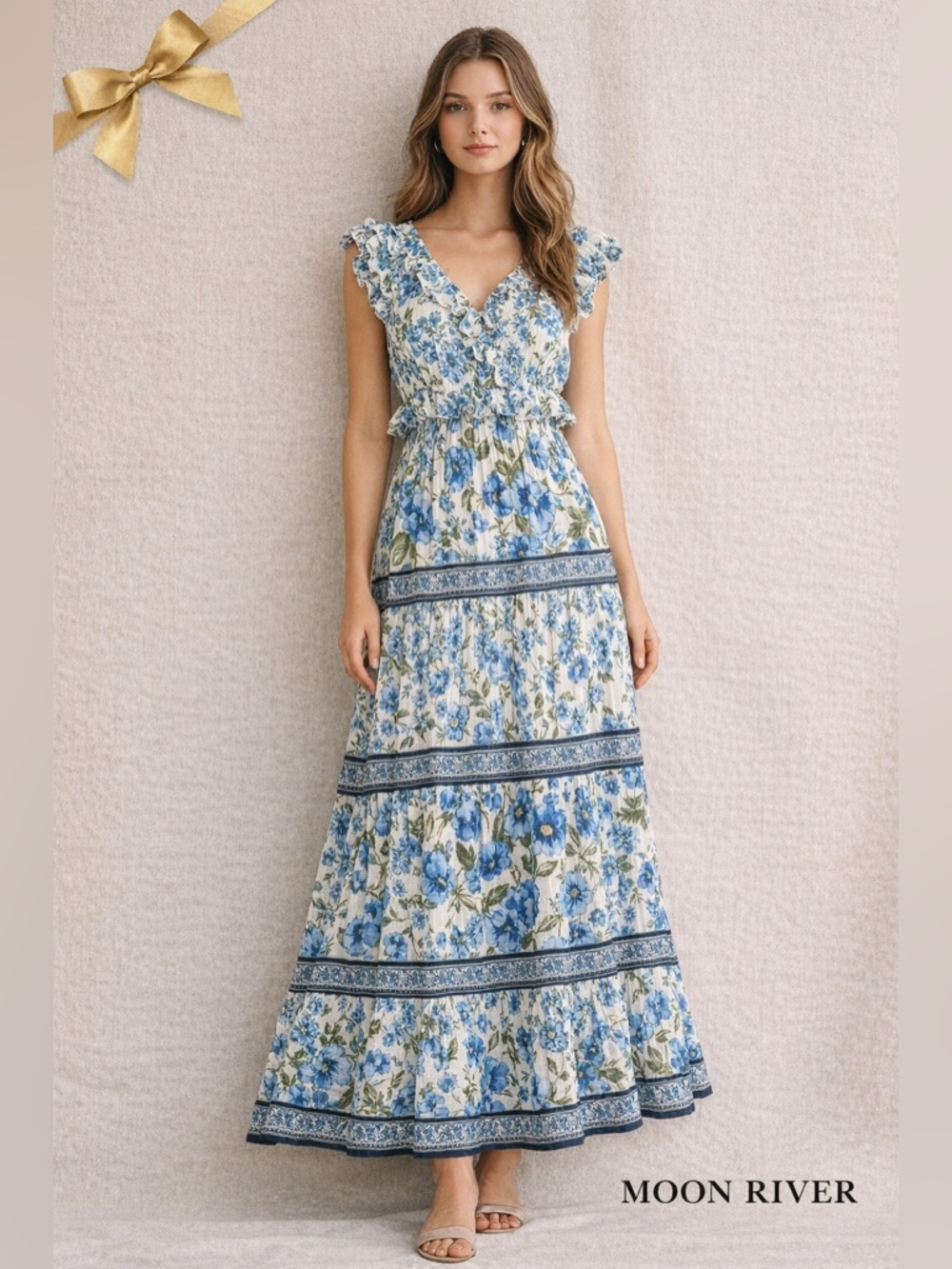 Moon River Blue Floral Maxi Dress Ruffle Tiered Boho Cottagecore NWT Size XS